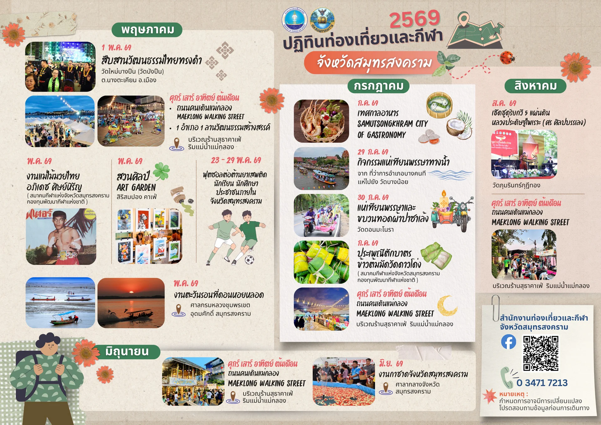 ปฏิทินท่องเที่ยวและกีฬาจังหวัดสมุทรสงคราม เดือนพฤษภาคม - สิงหาคม 2569